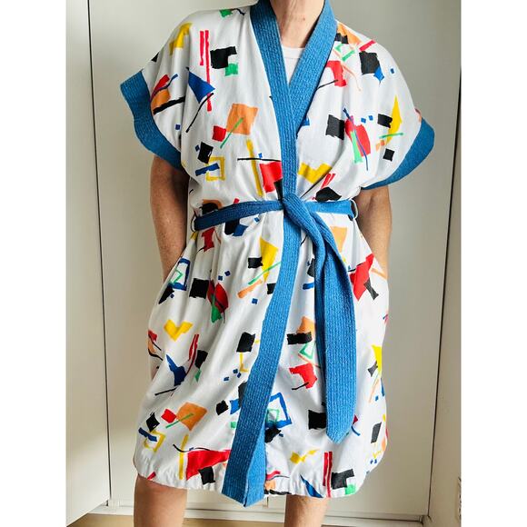 Vintage 80s Unisex Robe Terry Cloth Geo Print Size Medium Womens Quirky Fun - Picture 9 of 9